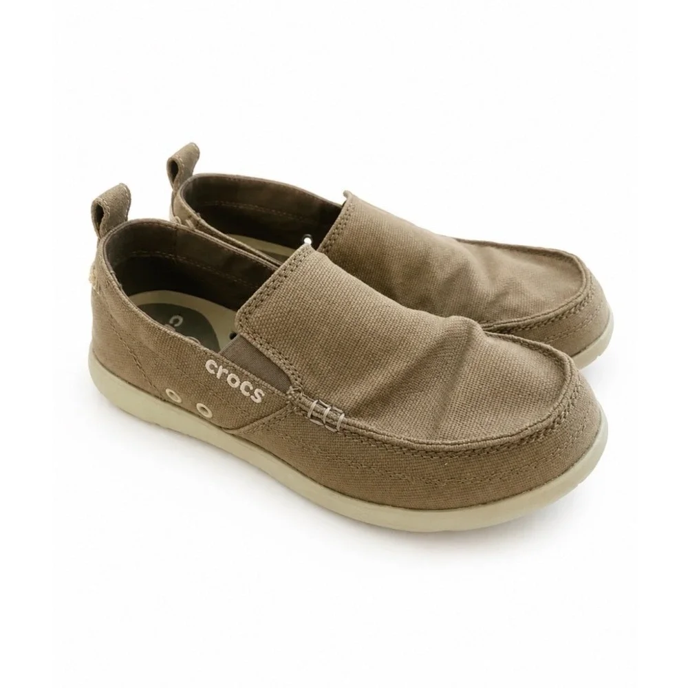 Crocs Santa Cruz Mens Canvas Slip On Loafers Khaki Tan Boat Shoes Casual‎ Sz 8